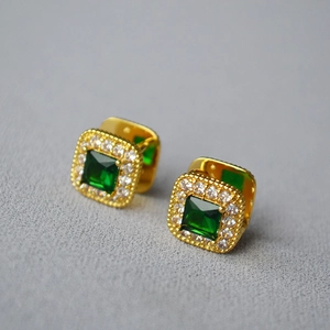 Vintage Brass Gold Plated Emerald Square Huggie Earrings For Women Luxury Inlaid Zirconia Glass Retro Jewelry Accessory