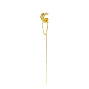 Brass Gold Plated Long Tassel Ear Cuff With Imitation Artificial Pearl And Zircon Elegant Non Pierced Jewelry For Women
