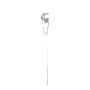Silver fringe ear cuff with pearls and long chain tassels for a minimalist look