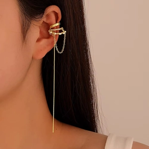 Elegant gold-plated ear cuff with pearl chain fringe and quilted lattice texture