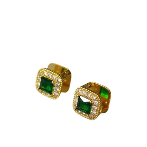 Vintage gold plated huggie earrings with square emerald stone and white zircon halo