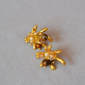 Retro golden tiger eye stone beaded fireworks earrings with pearls and 925 silver needle