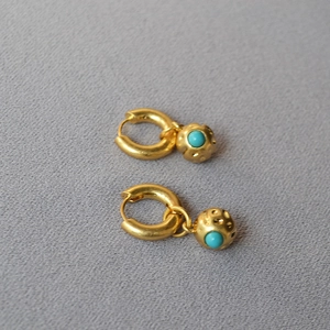 French Vintage Distressed Textured Brass Ball Drop Earrings With Artificial Turquoise Inlaid Gold Plated Huggie Hoop Jewelry For Women