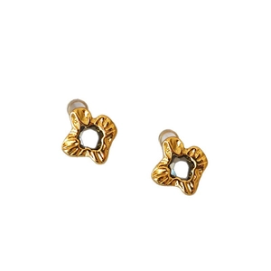 Irregular gold pleated flower earrings with textured black zircon and 925 silver needles