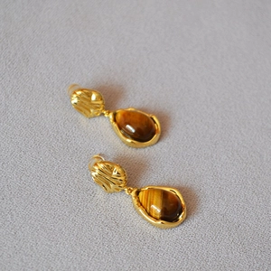 Boucles D'oreilles Vintage Oeil De Tigre Laiton Plaque Or Künstliche Perle Tige En Argent Fin 925 Bijoux Femmes