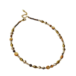 Vintage tiger eye beaded necklace with gold accents and adjustable lobster clasp chain