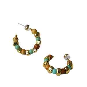 Bohemian C-shaped hoop earrings with natural stone beads and 925 silver needles
