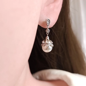 Elegant silver drop earrings with sparkling crystals and a white round pearl pendant