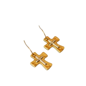 Vintage gold and silver two-tone cross earrings with hammered texture and French hooks