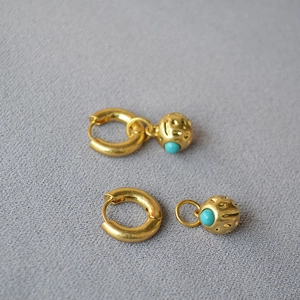 Vintage gold hoop earrings with textured metal spheres and turquoise bead accents