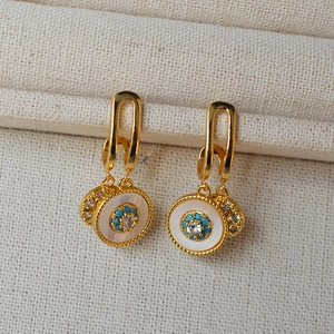925 silver needle gold drop earrings with white shell, turquoise beads, and sparkling zircons