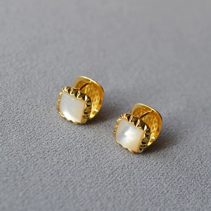 Elegant gold brass geometric square earrings with white mother-of-pearl inlay