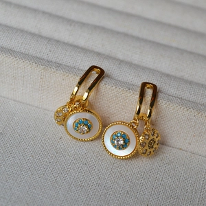 Turkish Evil Eye Hoop Earrings Mother Of Artificial Pearl Zircon Brass Gold Plated With 925 Sterling Silver Earring Post Vintage