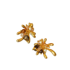 Vintage tiger eye stone beaded fireworks earrings with 925 silver needles and gold finish