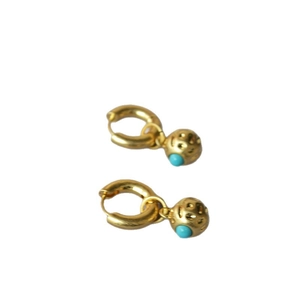 Vintage gold textured ball earrings with turquoise inlay for women, minimalist french style