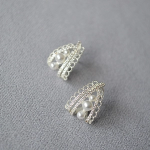 French retro silver lace earrings with sparkling diamonds and white pearls in detail