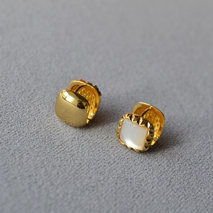 Elegant gold brass geometric earrings with white mother of pearl inlay and polished finish
