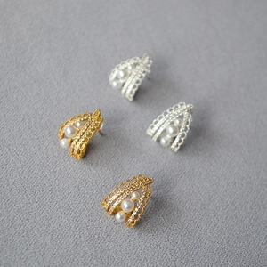 Hollow Lace Stud Earrings With Faux Artificial Pearls Cubic Zirconia And 925 Sterling Silver Earring Post French Vintage Style