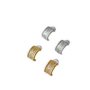 Sparkling C-shaped pave cz hoop earrings in gold and silver finish with comfort pads