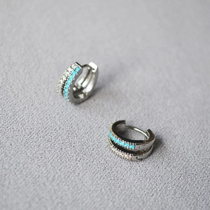 Silver plated brass hoop earrings with double-row turquoise and zircon inlay