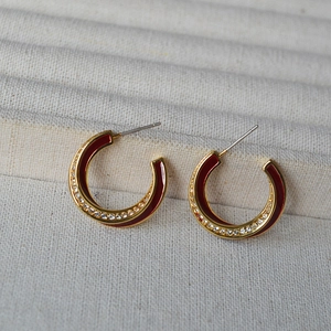 French vintage Mobius gold plated earrings with red enamel and sparkling zircons