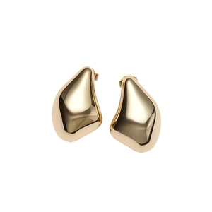 Irregular golden waterdrop stud earrings with polished metallic finish on white background