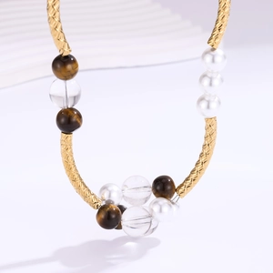 Retro Tiger Eye Artificial Pearl Crystal Beaded Necklace For Women Gold Plated Stainless Steel Woven Tube Choker Heart Pendant
