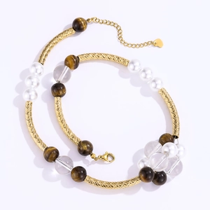 Tiger eye and pearl beaded necklace with gold spiral tubes and heart charm