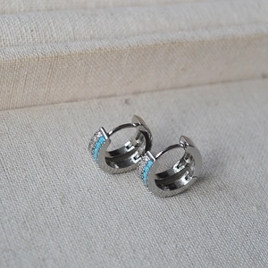 Double-row silver plated brass huggie earrings with turquoise and clear zircon stones