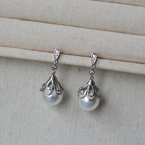 Vintage Floral Artificial Pearl Drop Earrings With 925 Sterling Silver Earring Post Copper Synthetic Zirconia For Women Wedding Jewelry