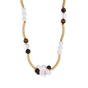 Tiger eye stone and pearl necklace with woven gold metal tubes in retro style