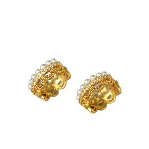 Boucles d'oreilles perles couronne dentelle vintage dorées avec zircon brillant et ajouré