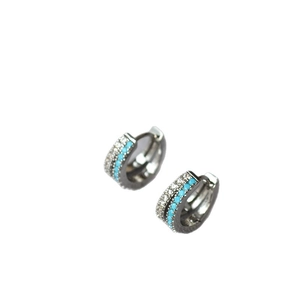 Modern rhodium plated double-row cubic zirconia and turquoise hoop earrings on white background