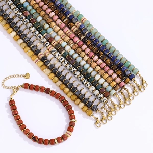 Natural Stone Stainless Steel Beaded Bracelet For Women Bohemian Gold Plated Rhinestone Heart Pendant Adjustable Jewelry Bracelet