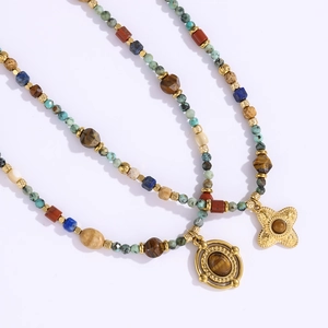 Collier en Pierre Naturelle Rétro Bohème pour Femmes Acier Inoxydable Turquoise Africaine Oeil de Tigre Pendentif Croix Bijoux Ethniques