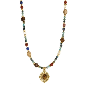 Collier bohème multicouche avec pendentif en œil de tigre, turquoise et lapis-lazuli