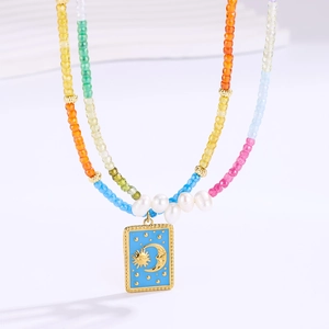 Collier en Acier au Titane Perles Colorées Bohème Pendentif en Émail Tarot Soleil Lune Vintage Chaîne de Clavicule pour Femmes