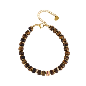 Detail of tiger eye beaded bracelet with gold accents, lobster clasp and heart charm