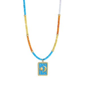 Collier de perles colorées avec pendentif tarot soleil lune vintage pour femme