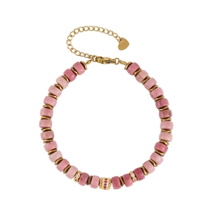 Gold stainless steel bracelet with pink natural stone beads and zircon heart charm