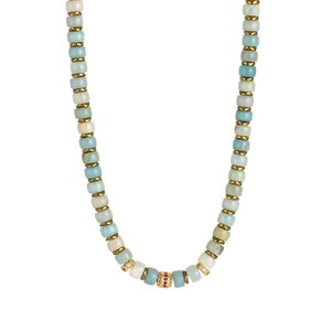 Detailed macro of 18K gold-plated beaded necklace with natural stones and gemstone sphere