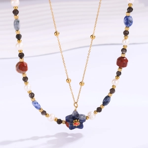 Collier Pendentif Étoile en Acier Inoxydable Vintage Femme Boho Pierre Naturelle Künstliche Perle Perlé Ras du Cou Multicouche Bijoux