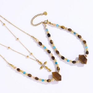 Parure de bijoux bohème dorée avec collier pendentif croix œil de tigre et bracelet