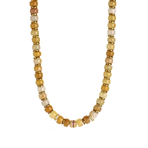 Detail of beaded necklace with 18K gold spacers and colorful natural stone beads