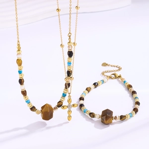Collier Pendentif Croix Pierre Œil de Tigre Bohémien pour Femme Vintage en Acier Inoxydable Plaque Or Bijoux