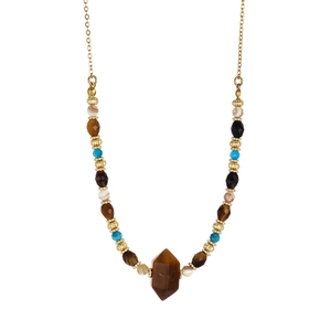 Collier croix bohème avec œil de tigre, turquoise et perles en métal doré