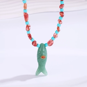 Collier Pendentif Poisson Bohème Perles Acier Inoxydable Pierre Verte Turquoise Bijoux Colorés Style Ethnique Femme
