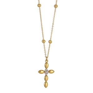 Détail du collier croix bohème doré avec pétales en forme de poire et micro-pavage zircon