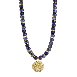 Detail of blue beaded necklace with 18K gold Libra zodiac coin pendant and gemstones