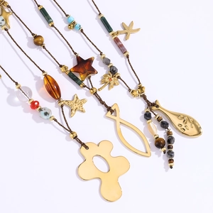 Collier Long Bohème en Acier Inoxydable Éléments Marins Femme Perles en Pierre Naturelle Colorée Pendentif en Résine